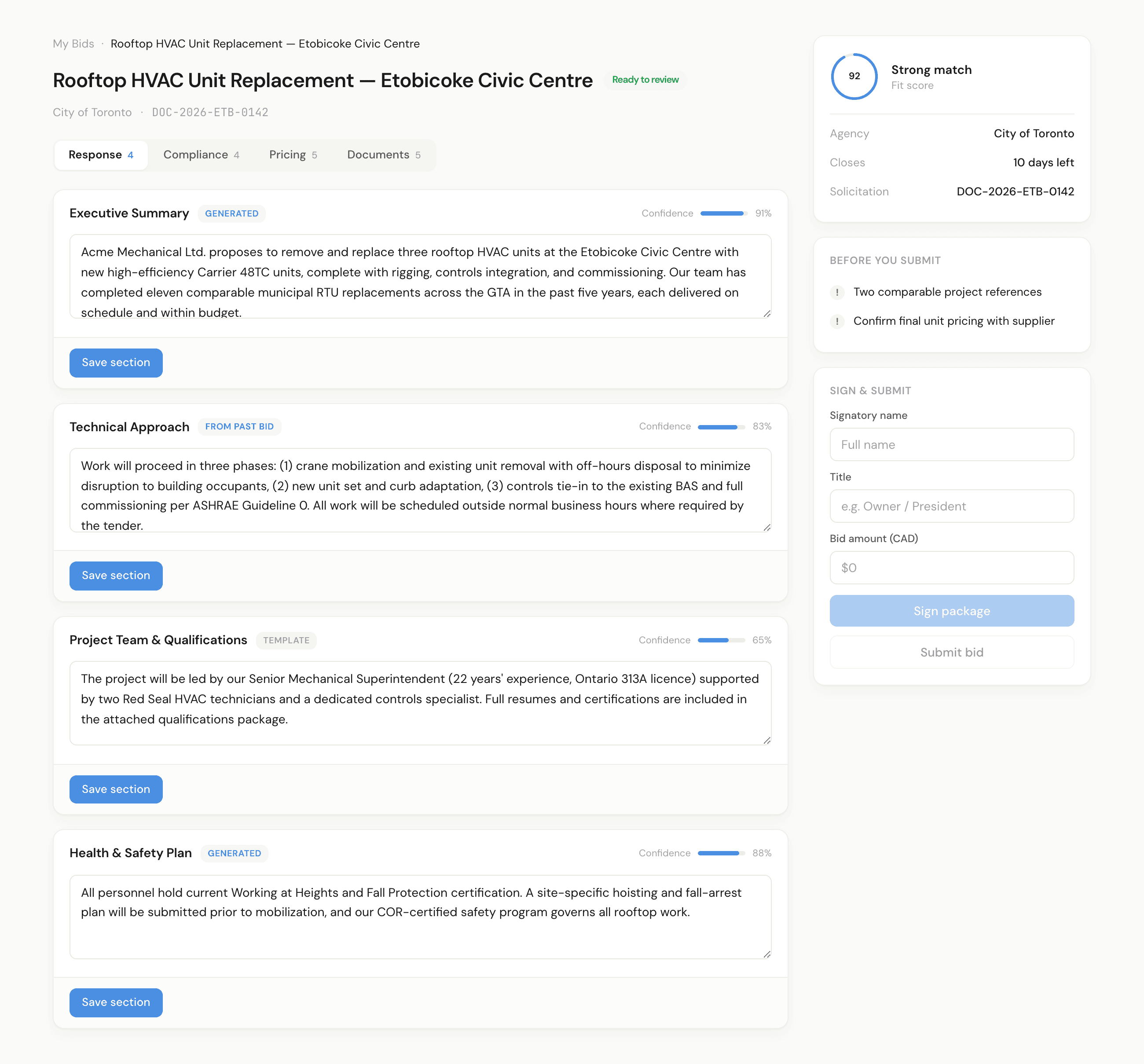 Bid workspace with drafted sections and confidence scores